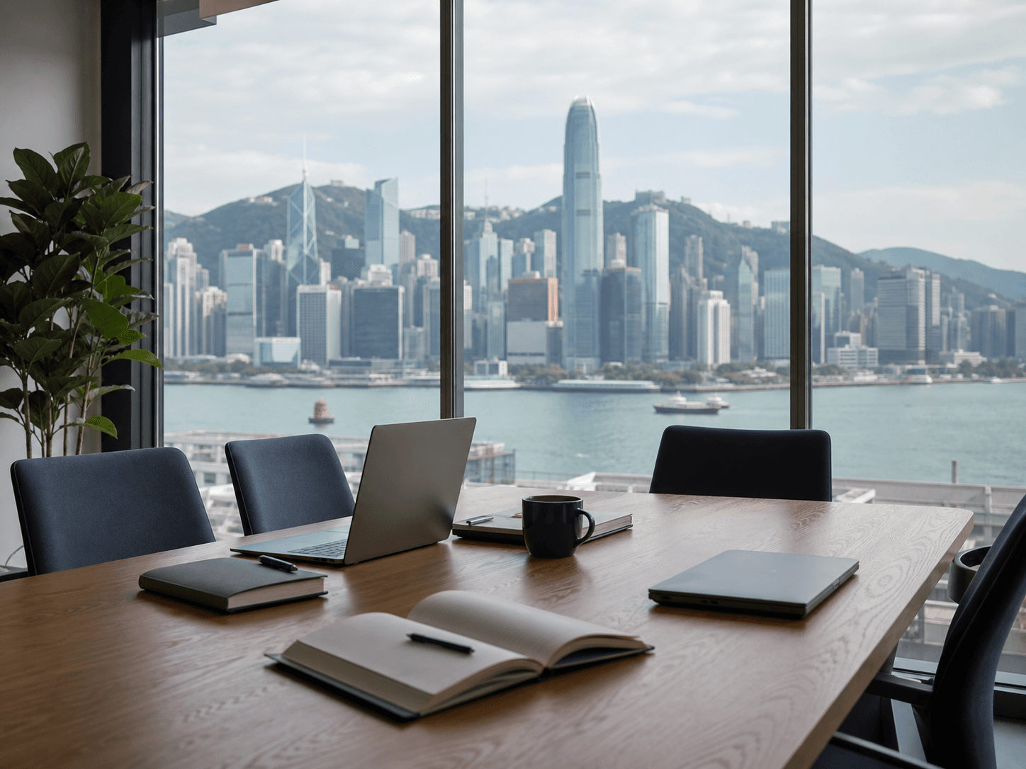 A quiet Hong Kong office meeting table overlooking Victoria Harbour and the skyline