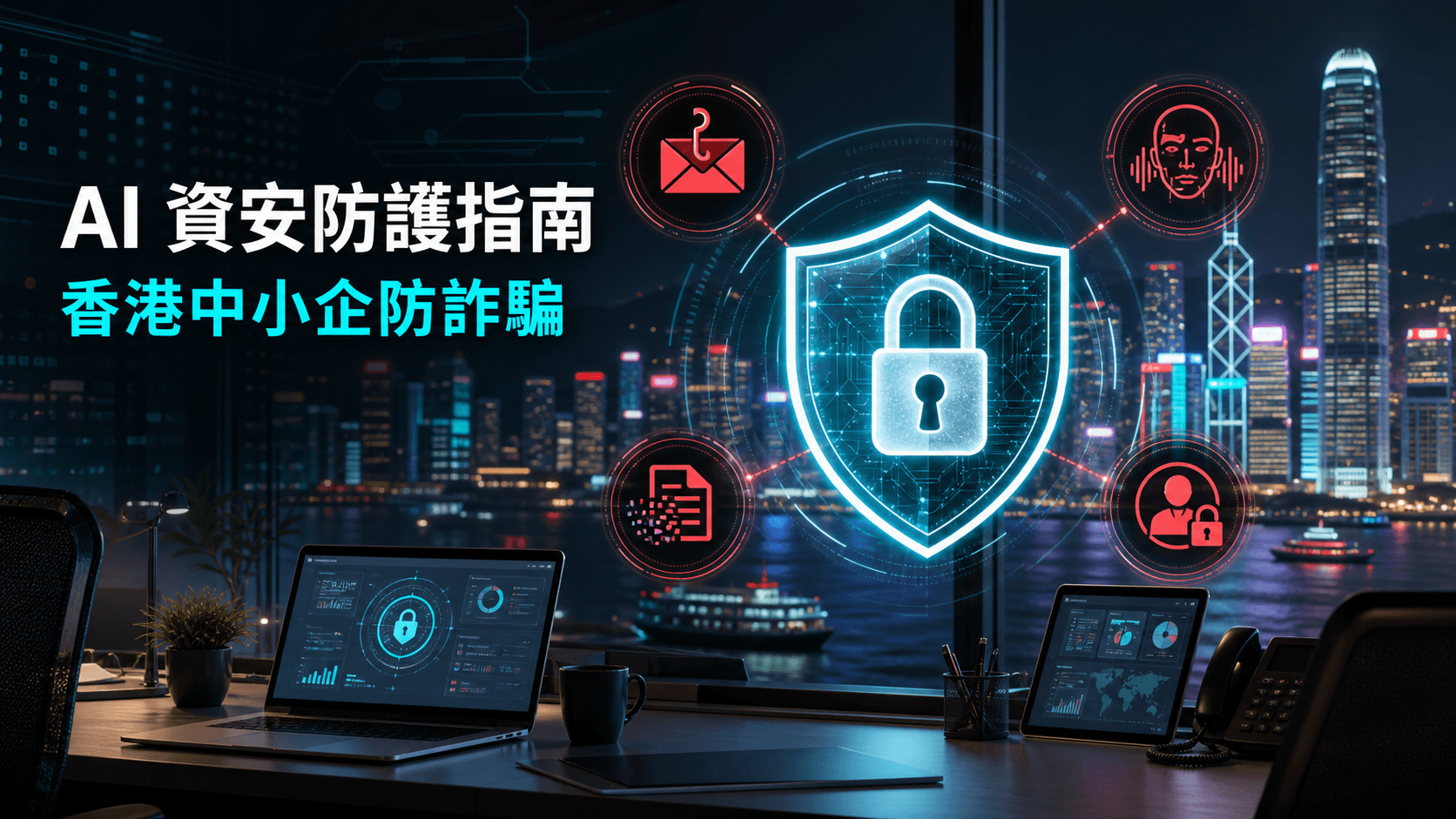 香港中小企 AI 資安防護指南封面圖,包含防詐騙、資料保護和深偽驗證元素