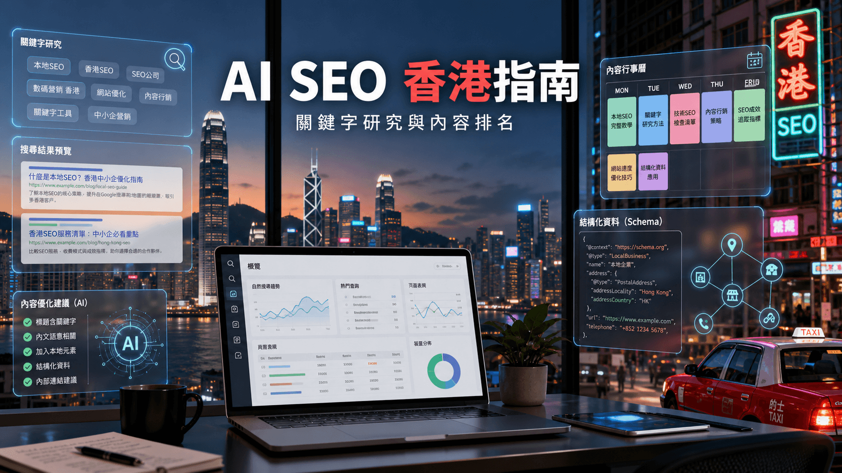 香港辦公室內展示 AI SEO、關鍵字研究和內容排名工作流程的封面圖