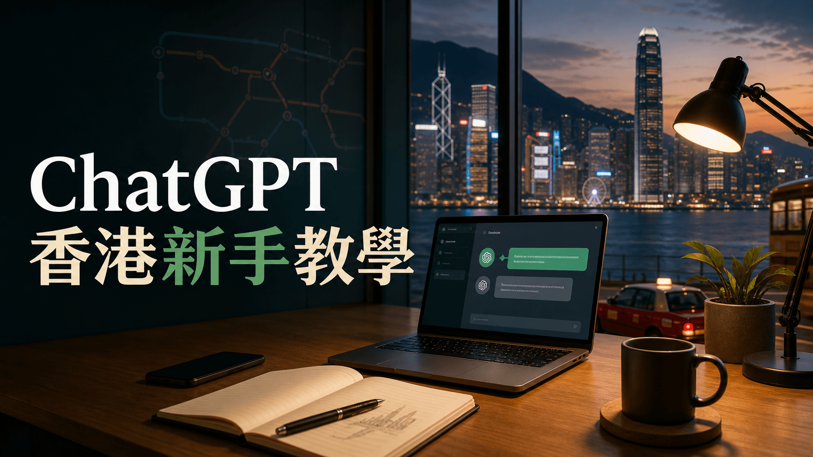 香港辦公室與維港夜景背景下的 ChatGPT 香港新手教學封面