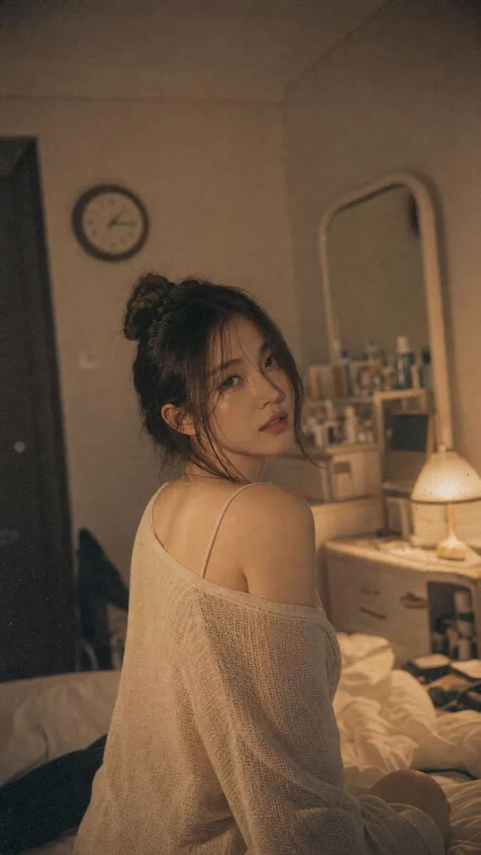 GPT Image 2 Korean idol candid bedroom portrait with warm ambient lighting
