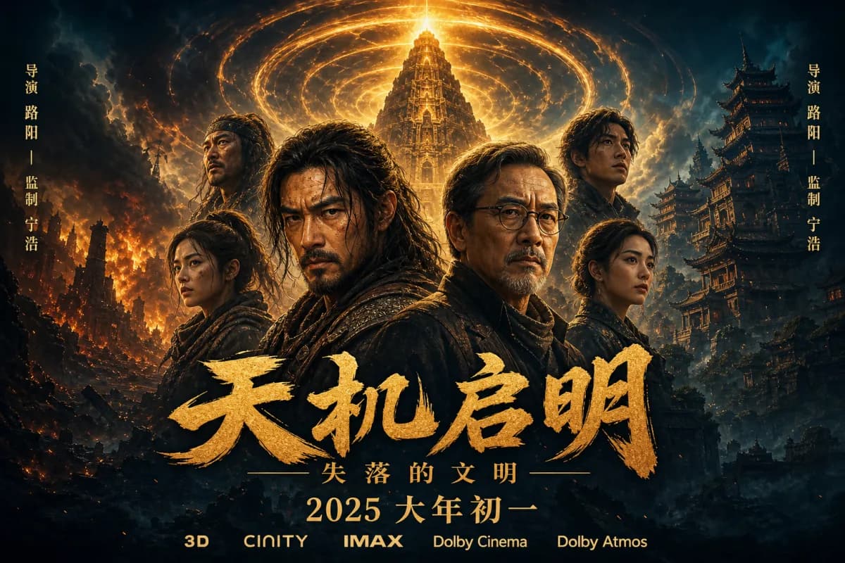 GPT Image 2 Chinese fantasy epic movie poster with ensemble cast and mystical tower