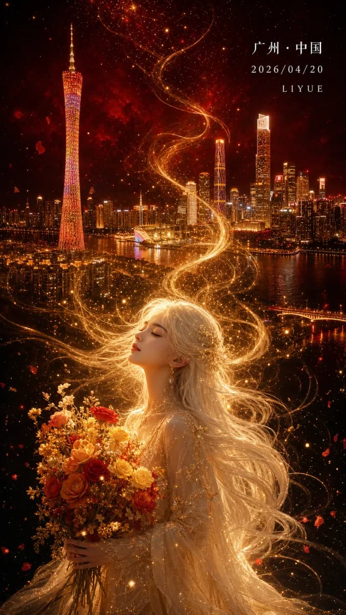 GPT Image 2 golden Guangzhou city goddess poster with flowing golden hair merging into skyline