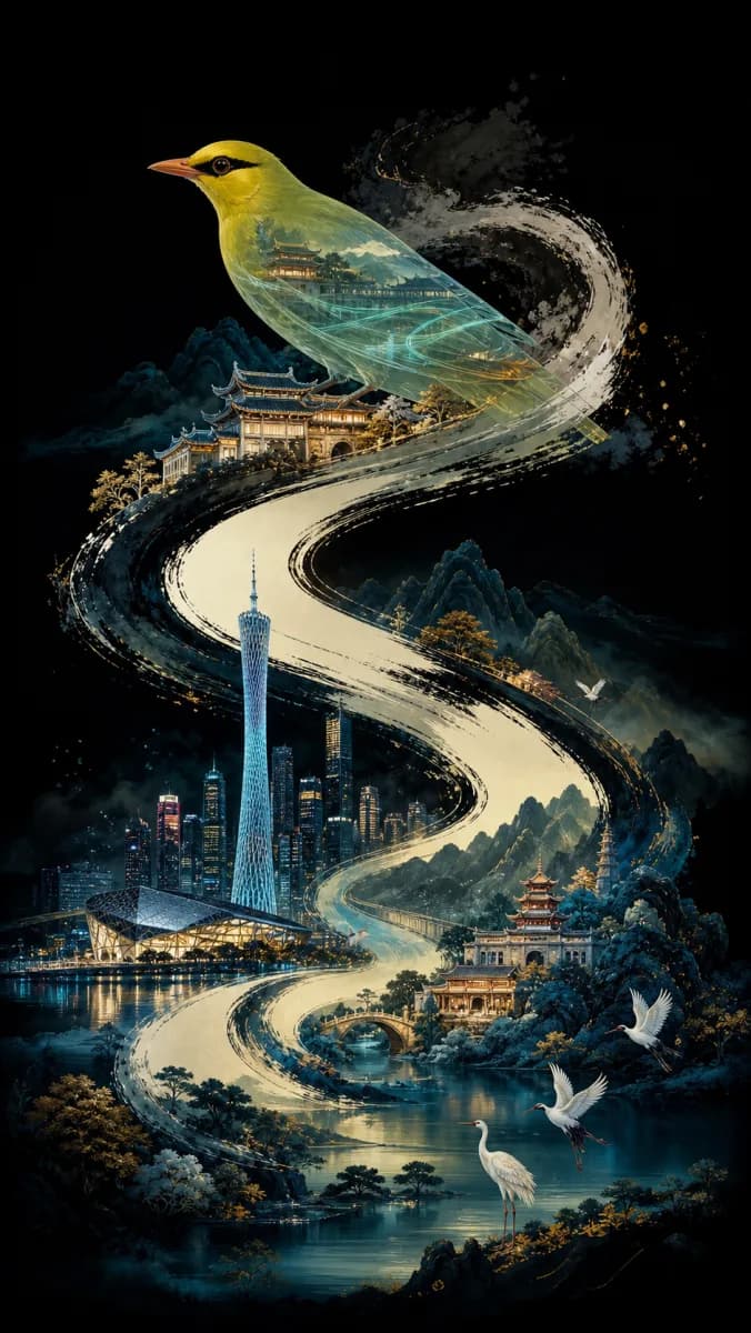 GPT Image 2 水墨曲線廣州美學海報示例