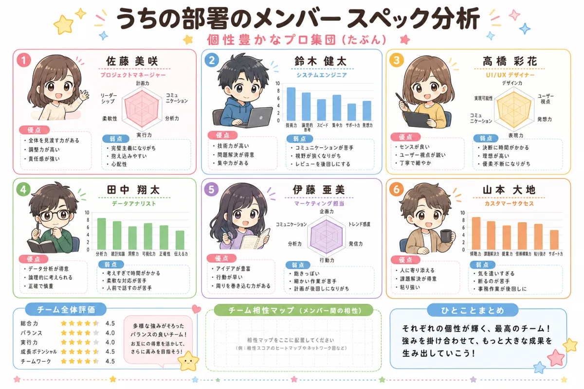 GPT Image 2 Japanese team member analysis infographic with radar charts and cute avatars