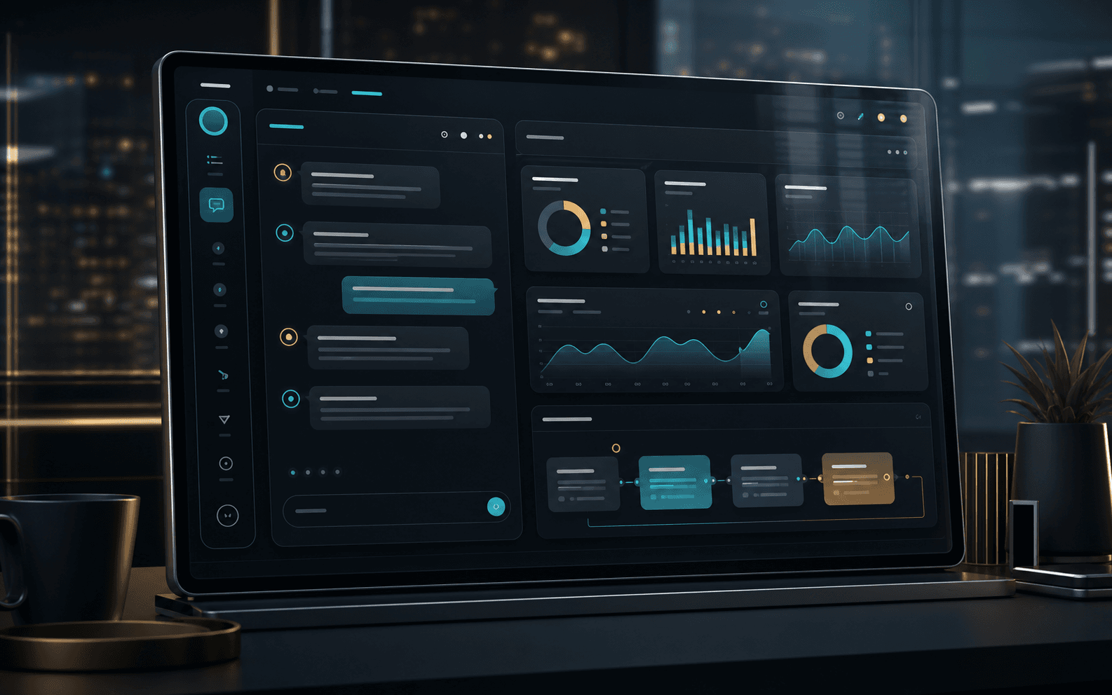 Dark AI chat and business insights dashboard mockup with a Hong Kong office atmosphere