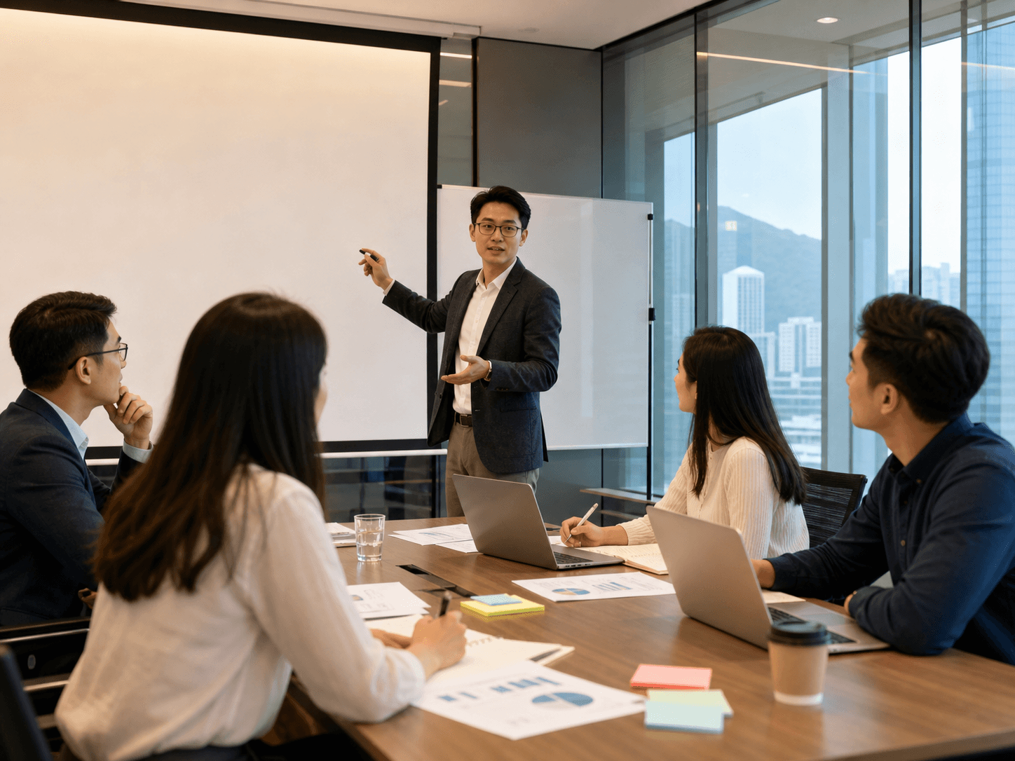 AI training workshop in a Hong Kong meeting room with a facilitator leading a small group discussion