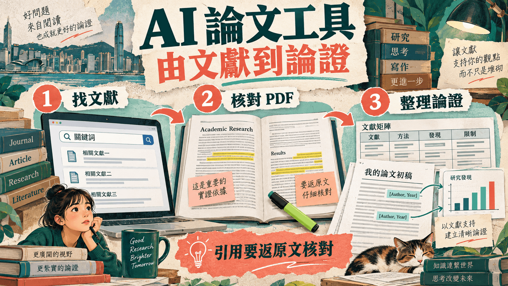 AI 論文工具,由文獻到論證;找文獻 → 核對 PDF → 整理論證;引用要返原文核對