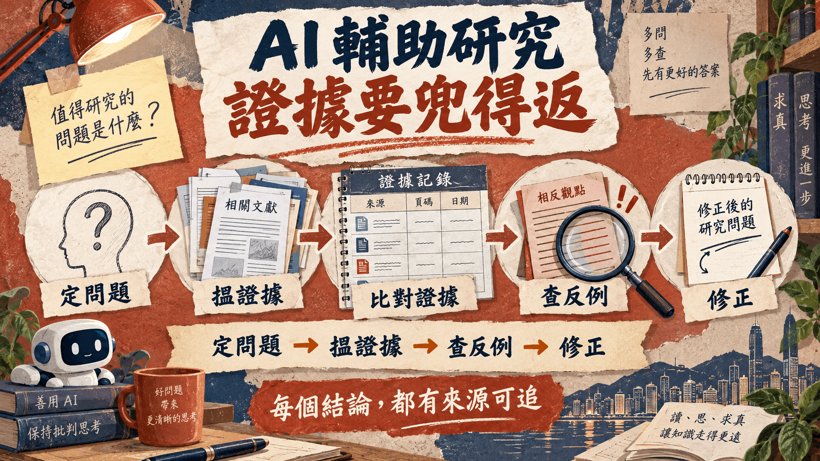 AI 輔助研究,證據要兜得返;定問題 → 搵證據 → 查反例 → 修正;每個結論,都有來源可追