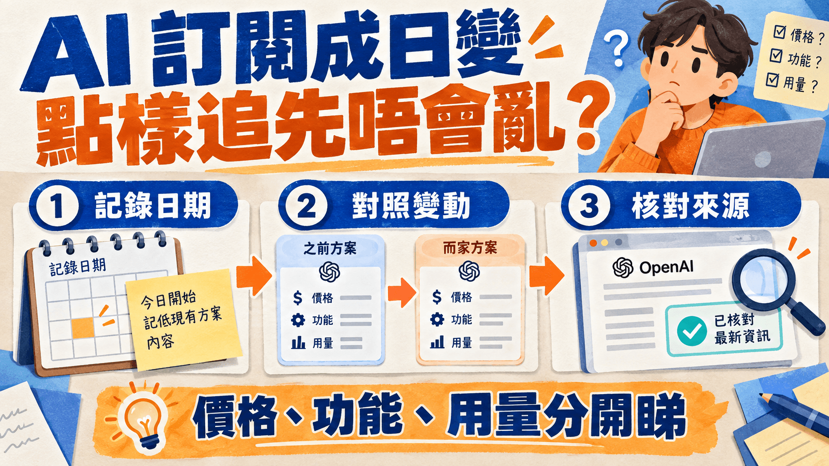 資訊圖解:AI 訂閱成日變,點樣追先唔會亂?;記錄日期 → 對照變動 → 核對來源;價格、功能、用量分開睇