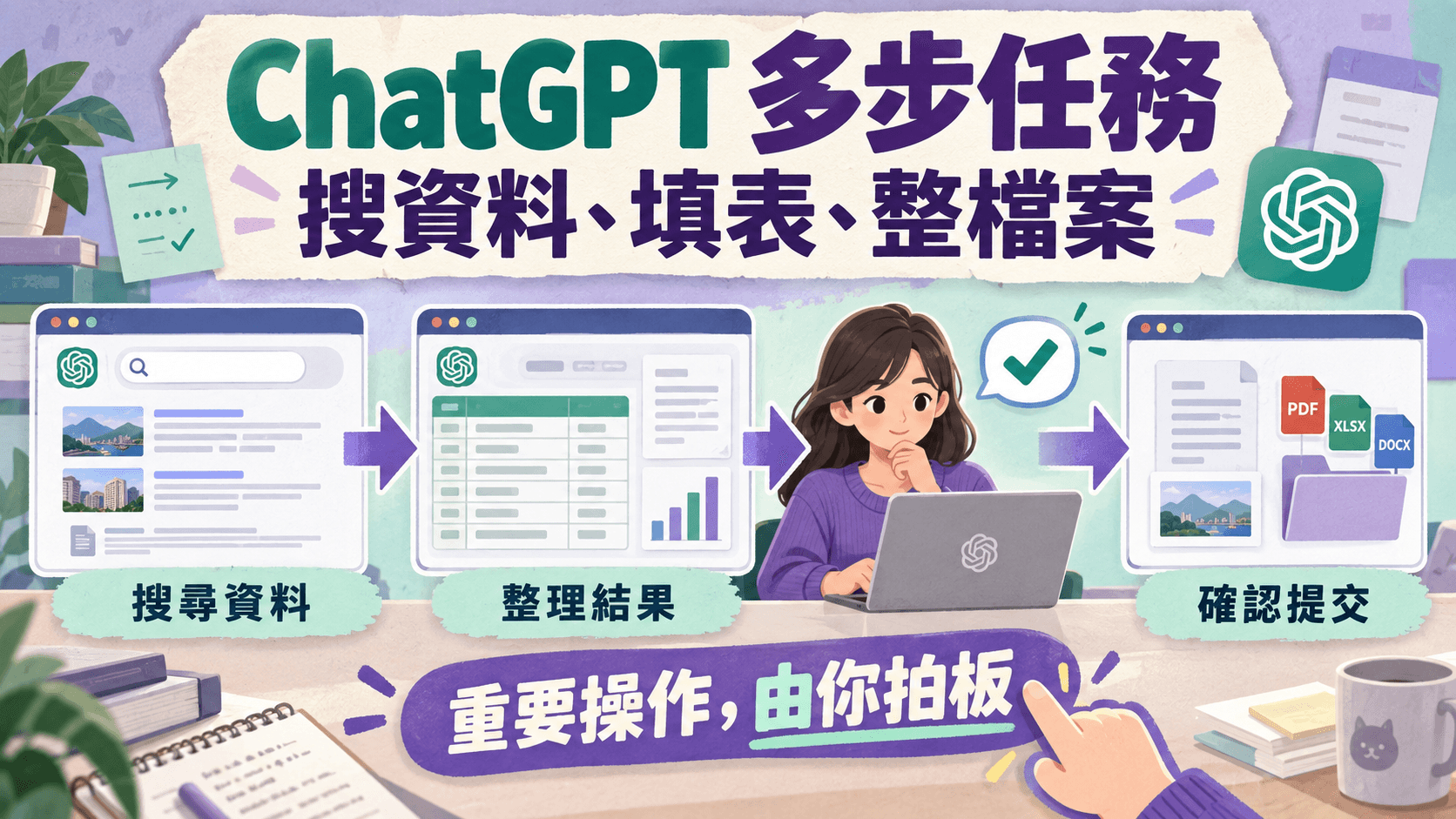 資訊圖解:ChatGPT 多步任務,搜資料、填表、整檔案;搜尋資料 → 整理結果 → 確認提交;重要操作,由你拍板