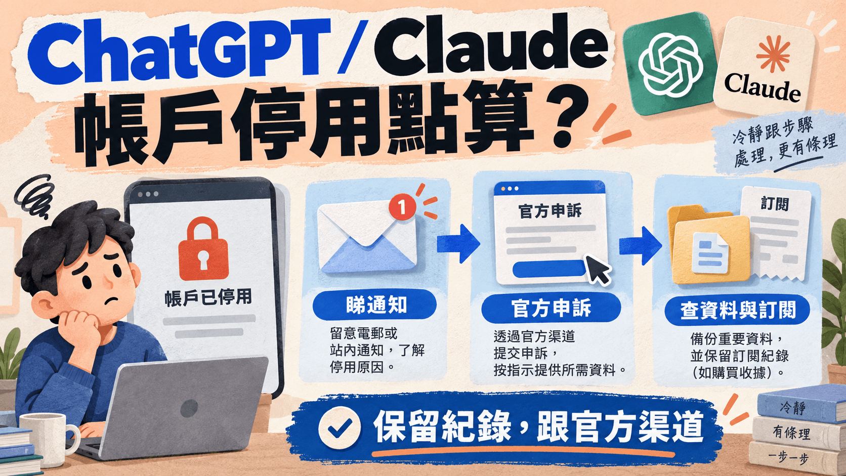 資訊圖解:ChatGPT / Claude,帳戶停用點算?;睇通知 → 官方申訴 → 查資料與訂閱;保留紀錄,跟官方渠道