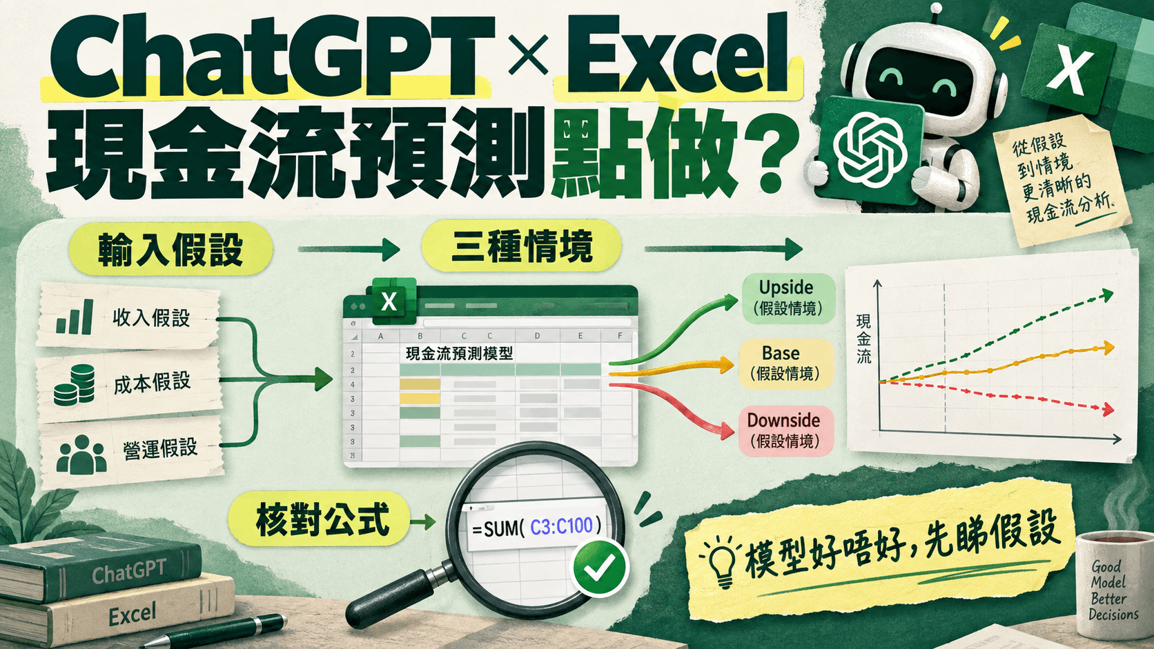 資訊圖解:ChatGPT × Excel,現金流預測點做?;輸入假設 → 三種情境 → 核對公式;模型好唔好,先睇假設