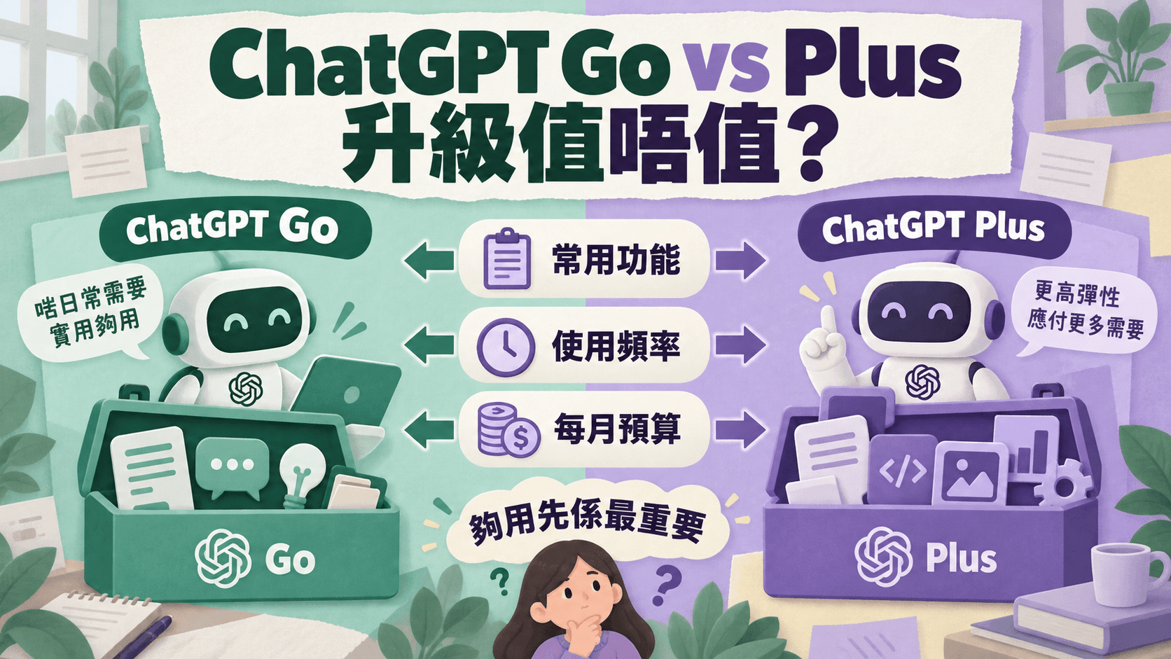 資訊圖解:ChatGPT Go vs Plus,升級值唔值?;常用功能|使用頻率|每月預算;夠用先係最重要
