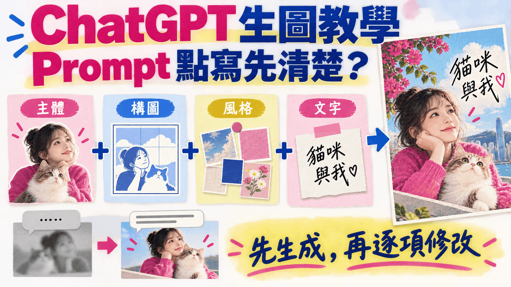 資訊圖解:ChatGPT 生圖教學,Prompt 點寫先清楚?;主體+構圖+風格+文字;先生成,再逐項修改