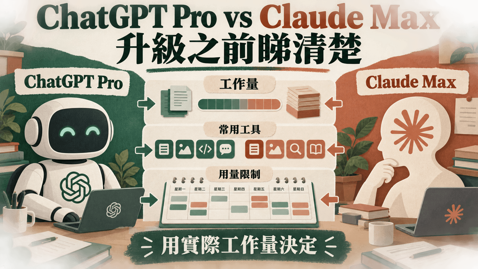 資訊圖解:ChatGPT Pro vs Claude Max,升級之前睇清楚;工作量|常用工具|用量限制;用實際工作量決定