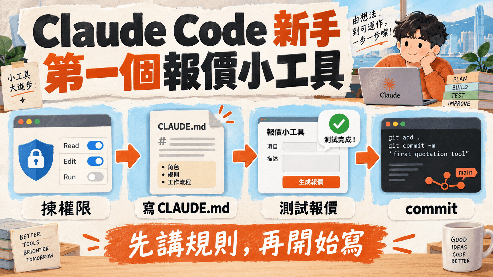 資訊圖解:Claude Code 新手,第一個報價小工具;揀權限 → 寫 CLAUDE.md → 測試報價 → commit;先講規則,再開始寫