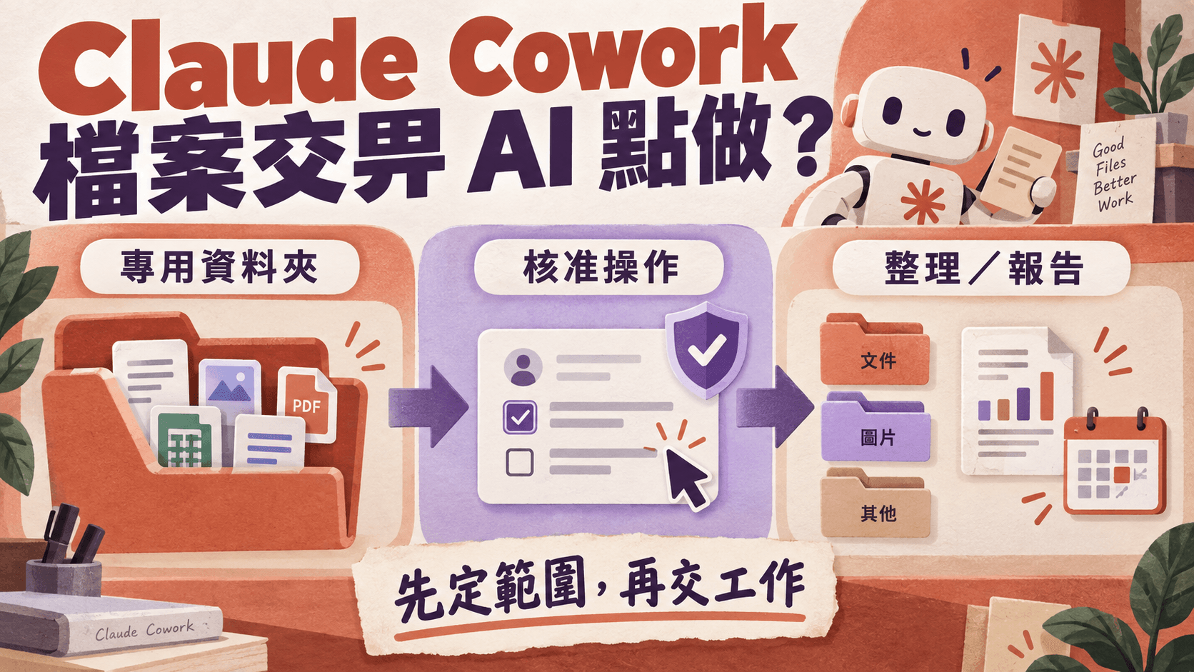 資訊圖解:Claude Cowork,檔案交畀 AI 點做?;專用資料夾 → 核准操作 → 整理/報告;先定範圍,再交工作