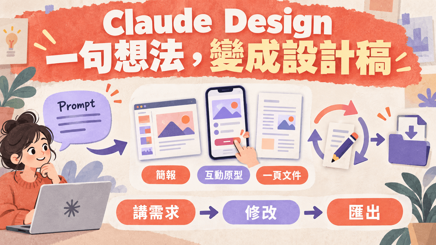 資訊圖解:Claude Design,一句想法,變成設計稿;簡報|互動原型|一頁文件;講需求 → 修改 → 匯出