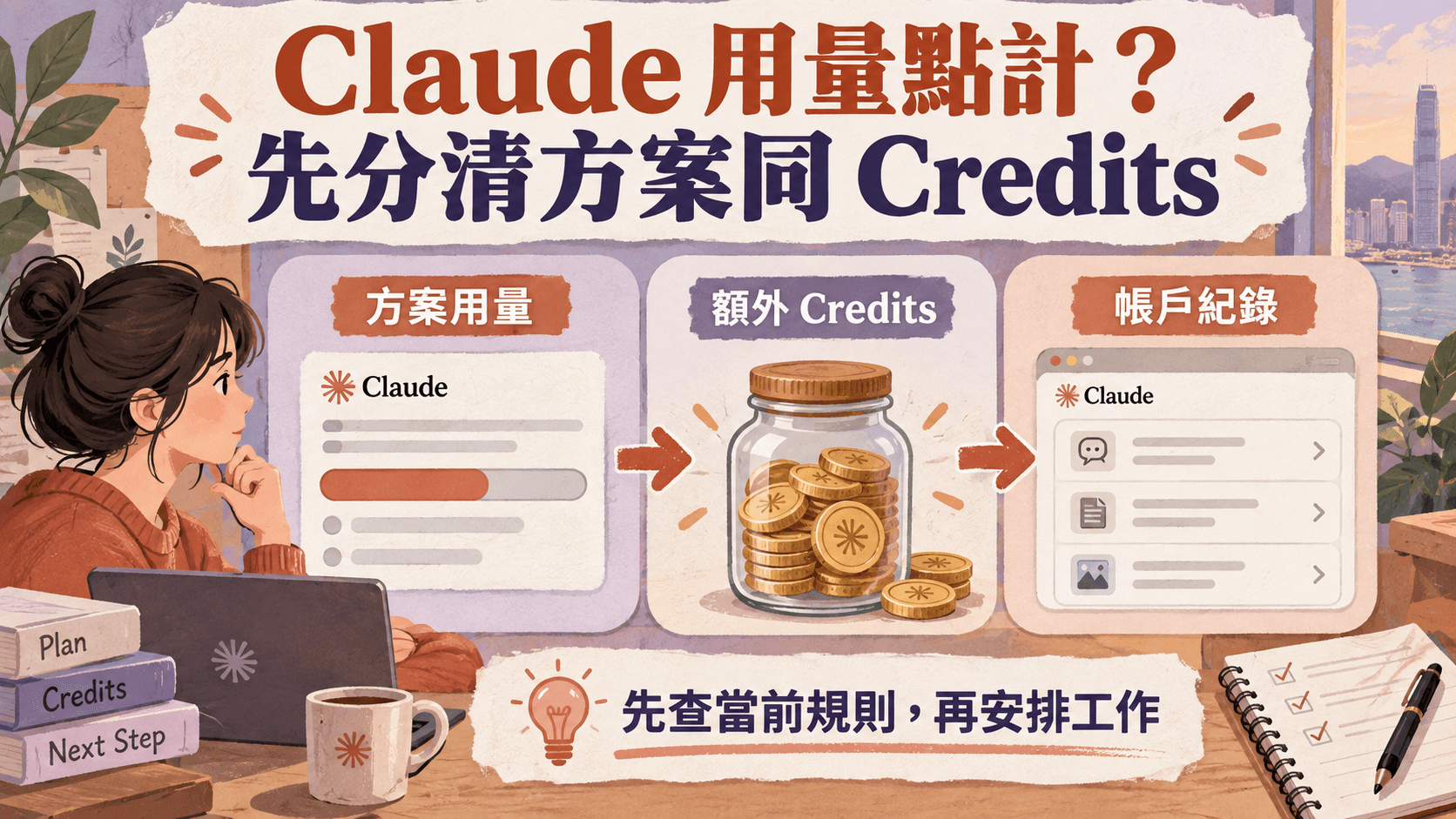 資訊圖解:Claude 用量點計?,先分清方案同 Credits;方案用量|額外 Credits|帳戶紀錄;先查當前規則,再安排工作