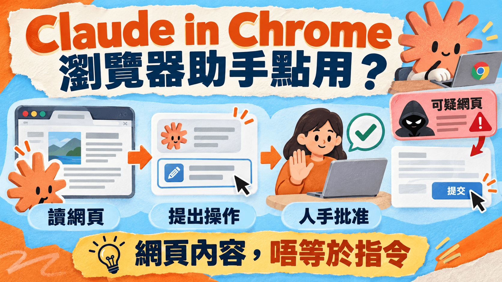 資訊圖解:Claude in Chrome,瀏覽器助手點用?;讀網頁 → 提出操作 → 人手批准;網頁內容,唔等於指令