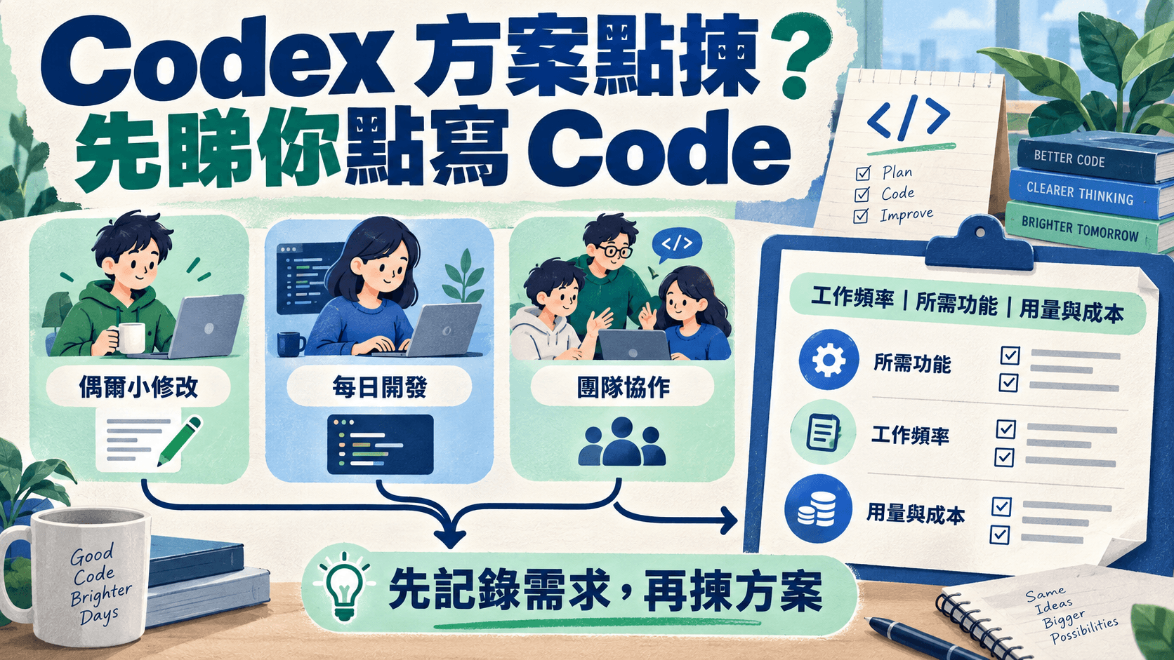 資訊圖解:Codex 方案點揀?,先睇你點寫 Code;工作頻率|所需功能|用量與成本;先記錄需求,再揀方案