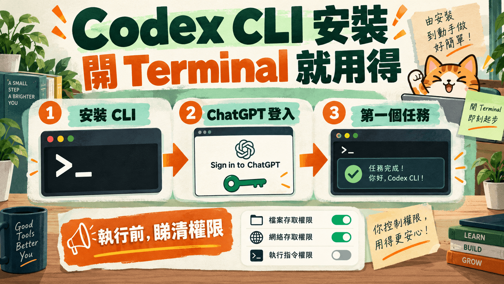 資訊圖解:Codex CLI 安裝,開 Terminal 就用得;安裝 CLI → ChatGPT 登入 → 第一個任務;執行前,睇清權限