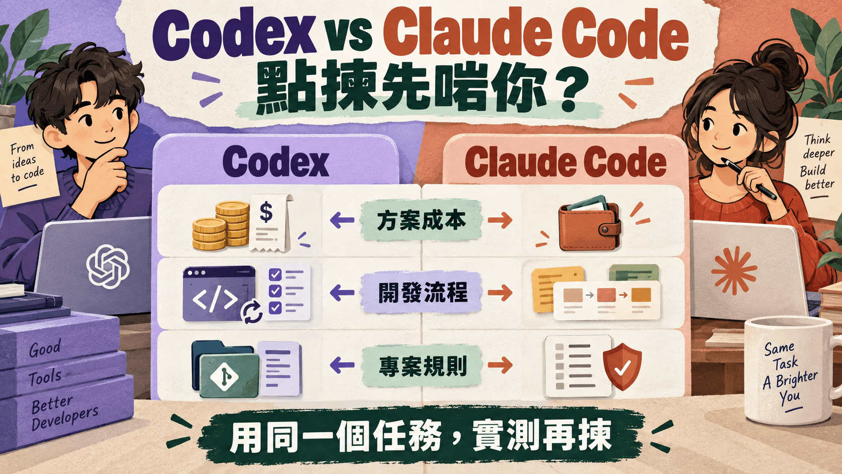 資訊圖解:Codex vs Claude Code,點揀先啱你?;方案成本|開發流程|專案規則;用同一個任務,實測再揀