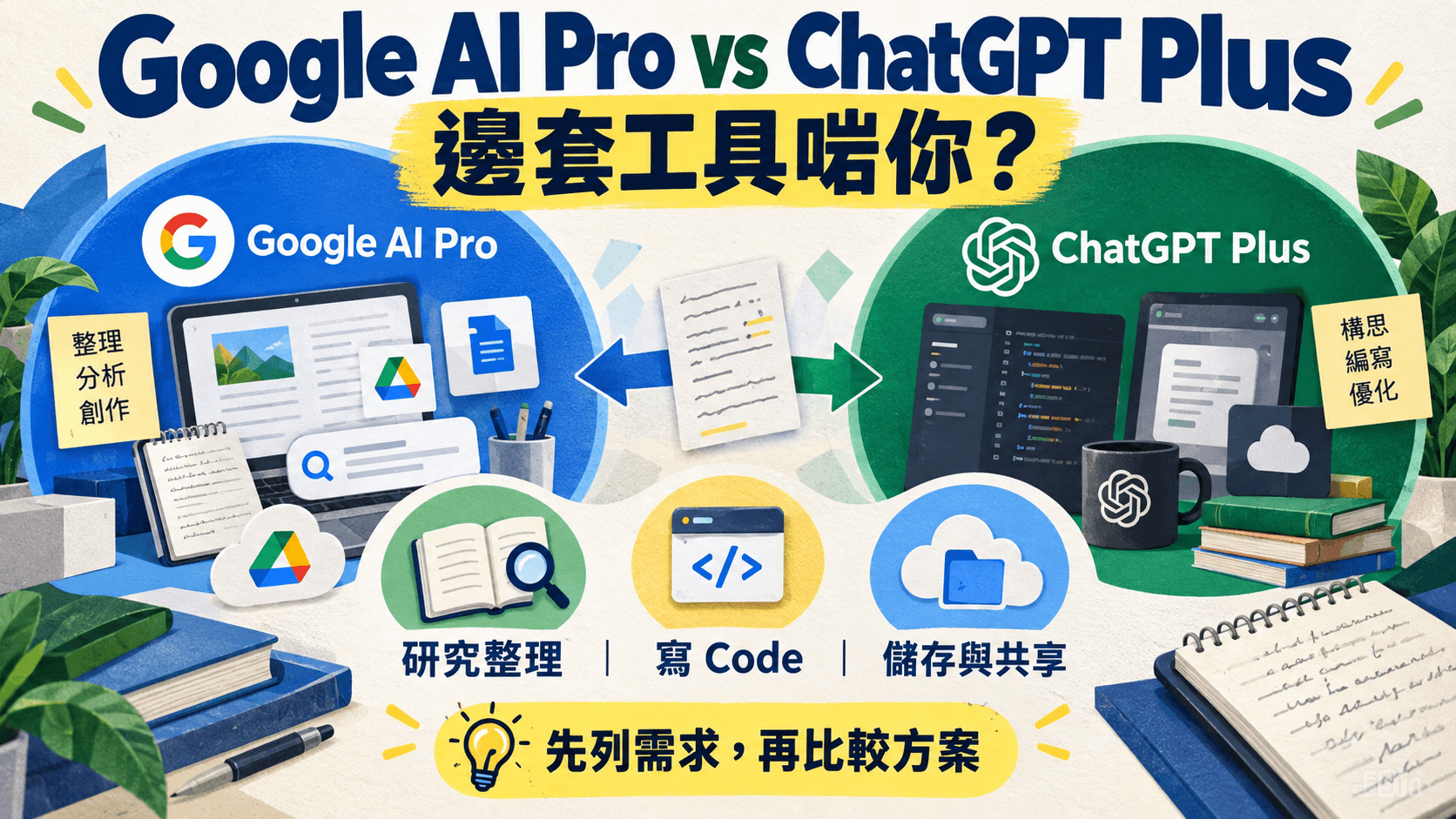 資訊圖解:Google AI Pro vs ChatGPT Plus,邊套工具啱你?;研究整理|寫 Code|儲存與共享;先列需求,再比較方案