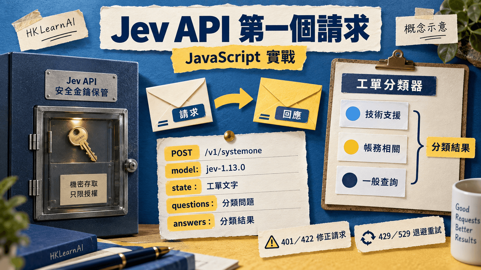 Jev 資訊圖:Jev API 教學:用 JavaScript 發出第一個 TypeSafe 請求、讀取答案與處理錯誤;具體情境與概念分工示意
