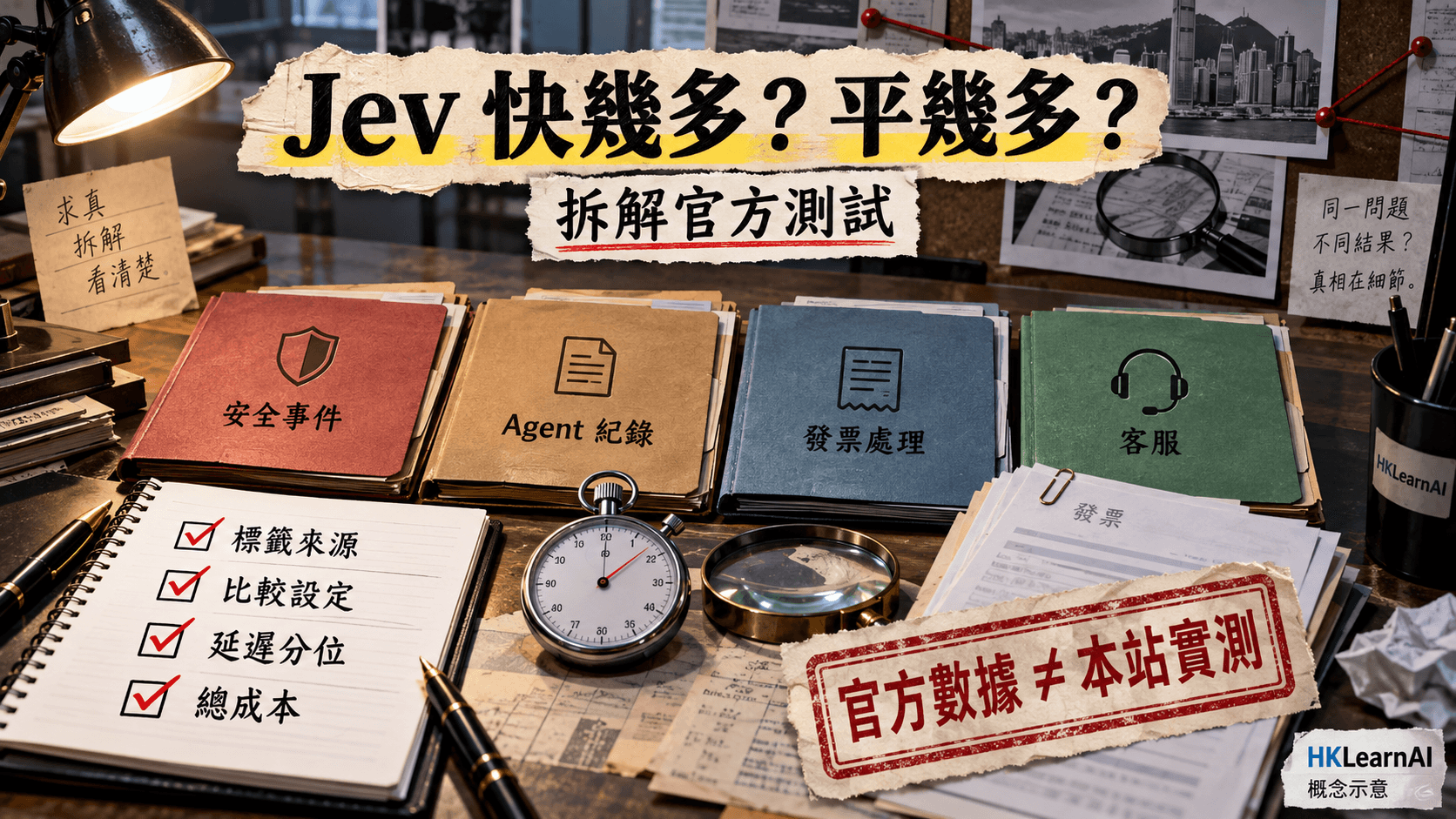 Jev 資訊圖:Jev benchmark 與價格分析:193.6 倍、444.6 倍點計?成本與限制逐項拆解;具體情境與概念分工示意