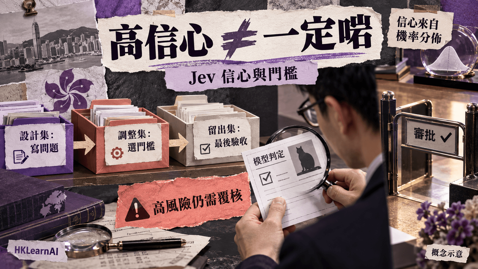 Jev 資訊圖:Jev confidence 教學:分清機率、校準與門檻,設計人手覆核;具體情境與概念分工示意