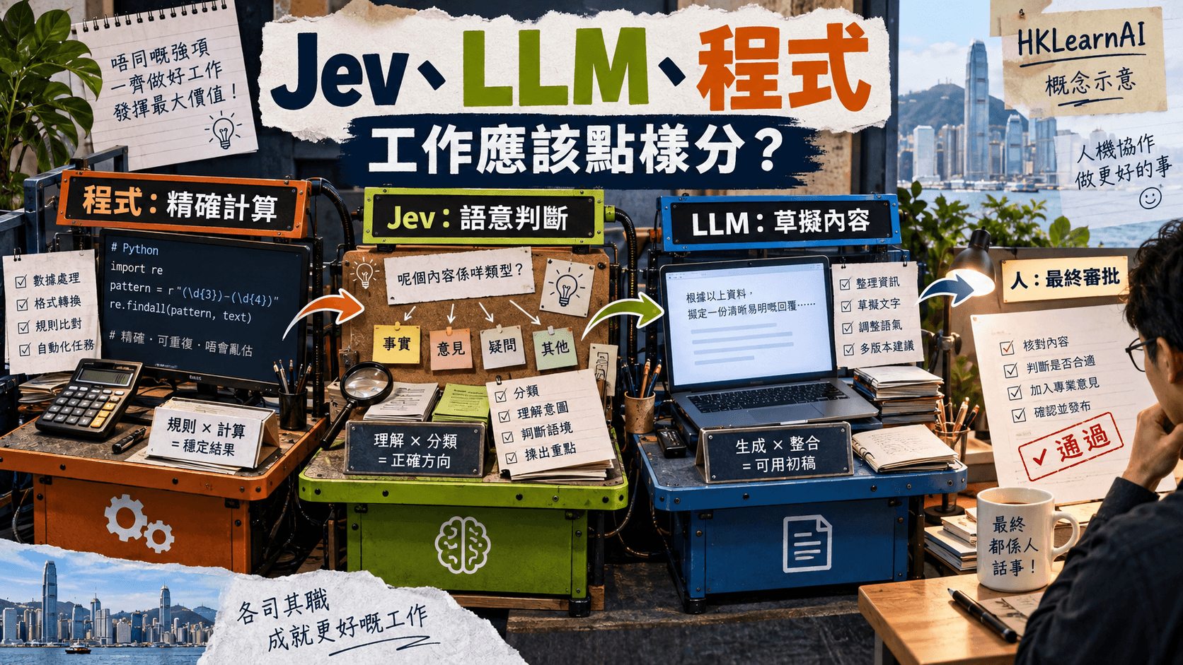 Jev 資訊圖:Jev vs LLM 點分工?程式、決策模型與生成模型的混合架構指南;具體情境與概念分工示意