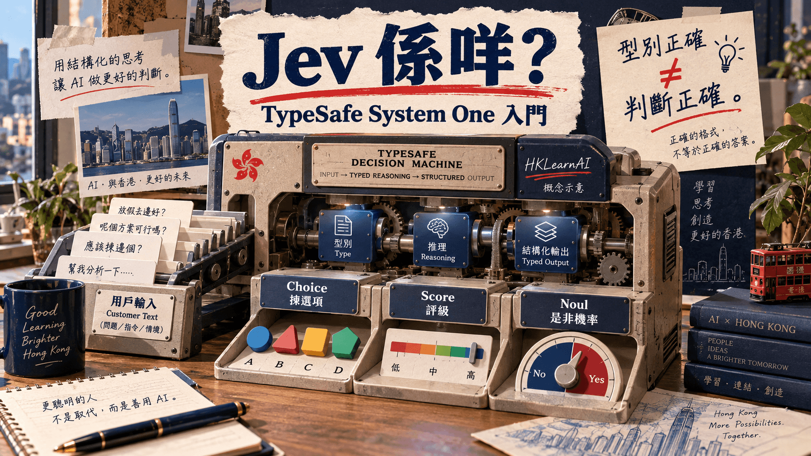 Jev 資訊圖:Jev 是甚麼?TypeSafe System One 模型完整指南:用途、限制與入門路線;具體情境與概念分工示意