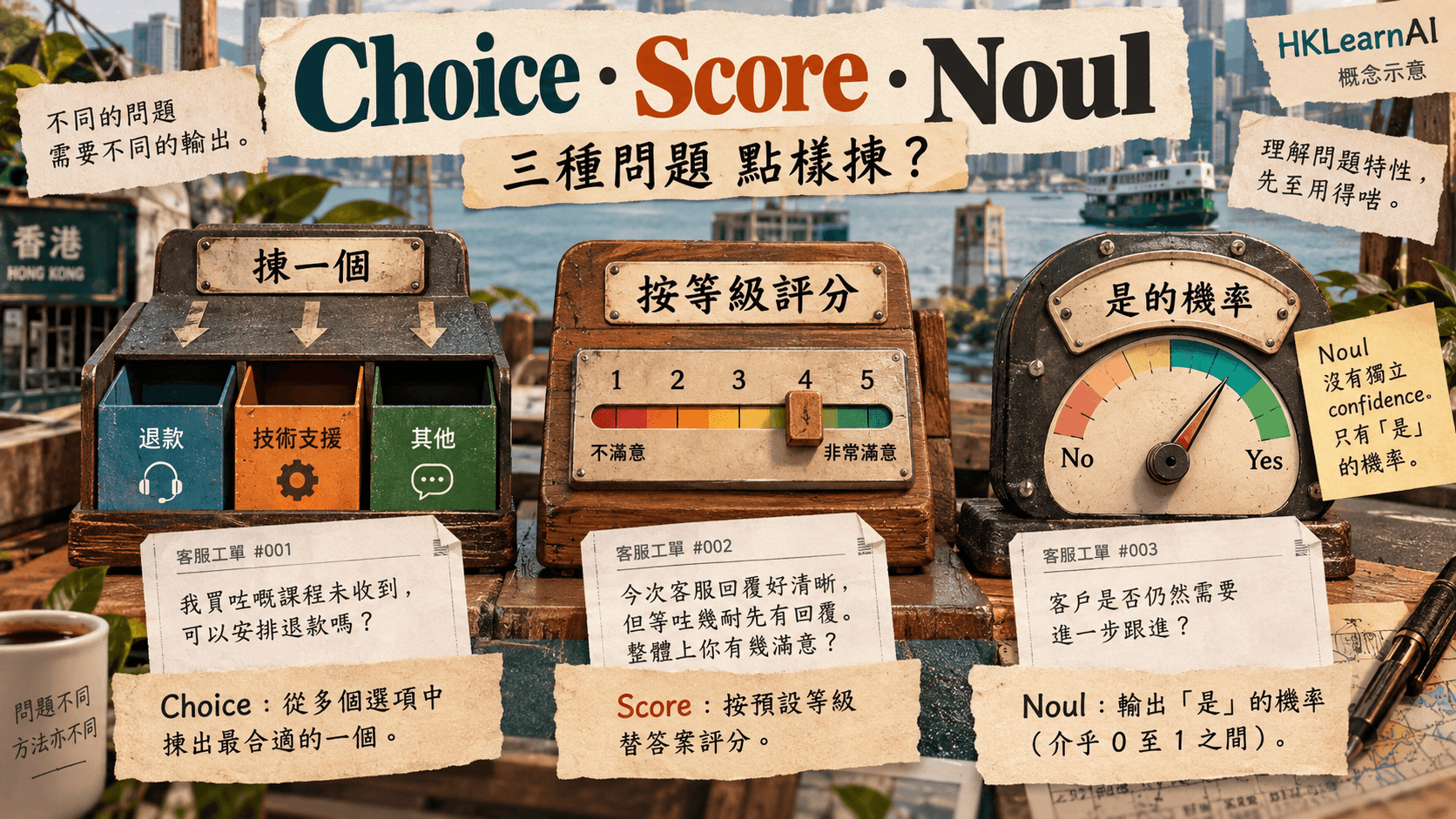 Jev 資訊圖:Jev Choice、Score、Noul 教學:選項、評級與是非機率點樣設計;具體情境與概念分工示意
