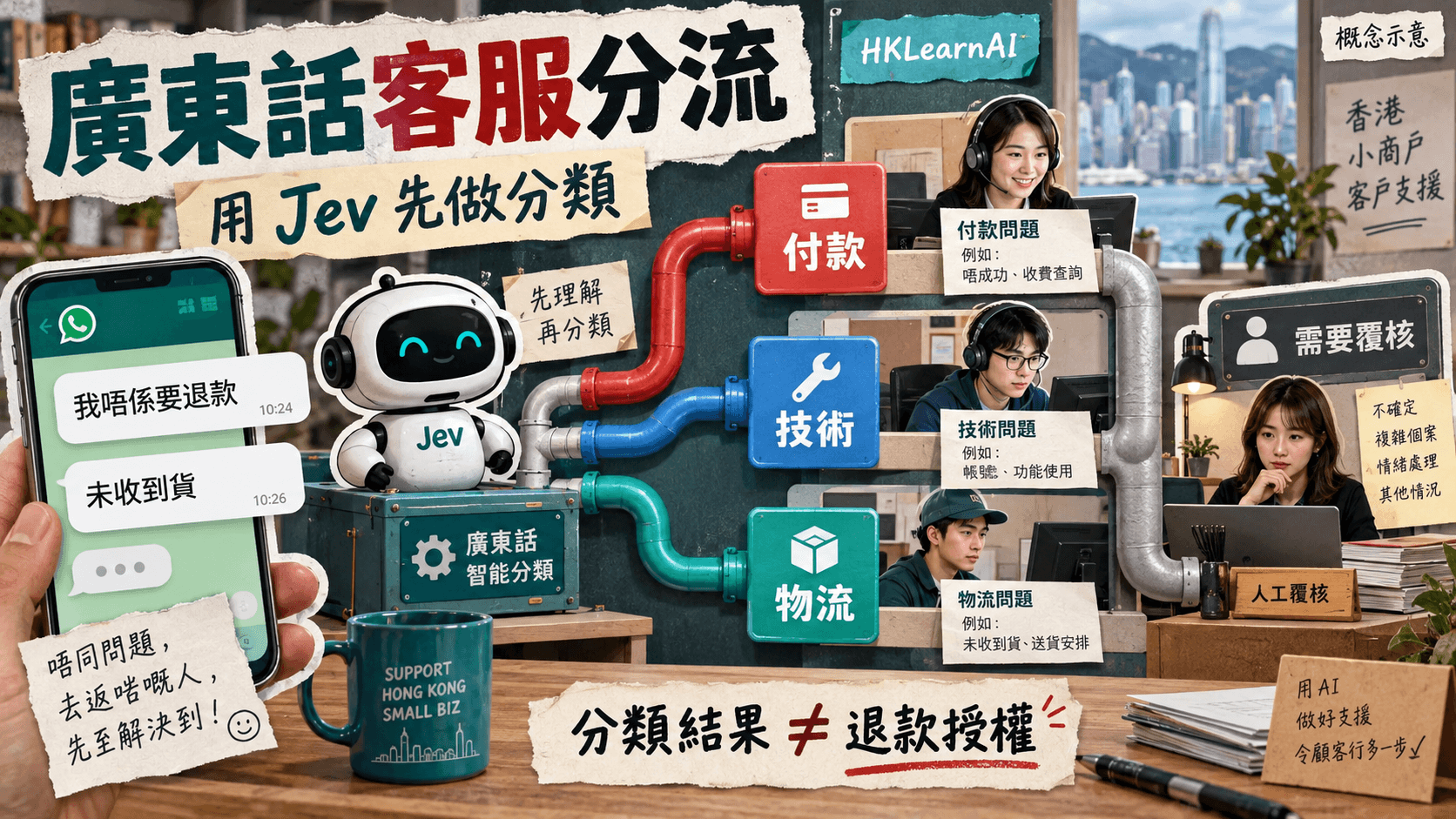 Jev 資訊圖:Jev 廣東話客服分流教學:否定句、中英夾雜、付款與物流意圖測試;具體情境與概念分工示意