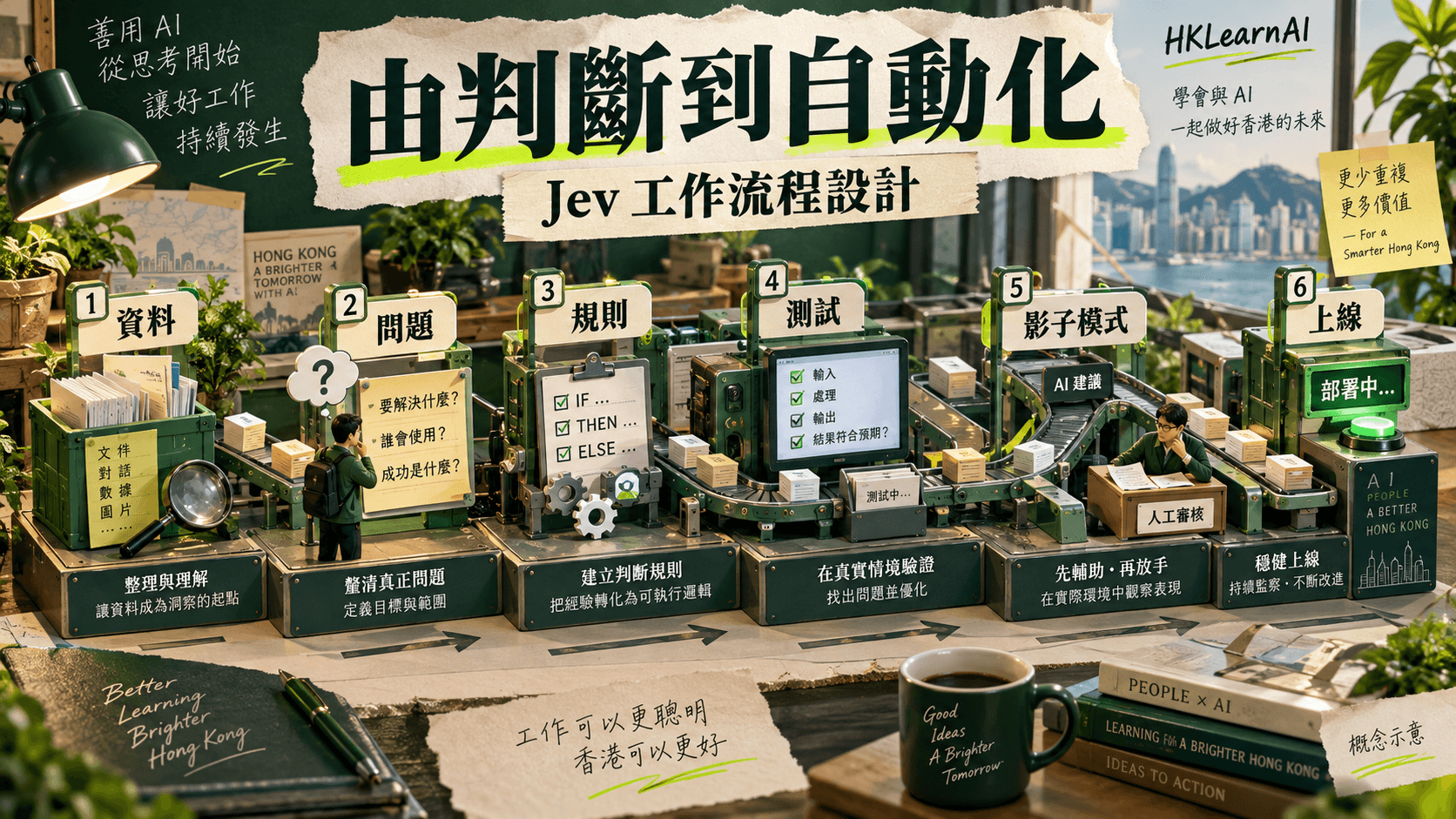 Jev 資訊圖:Jev AI 自動化完整教學:由 state、問題設計到測試與上線;具體情境與概念分工示意