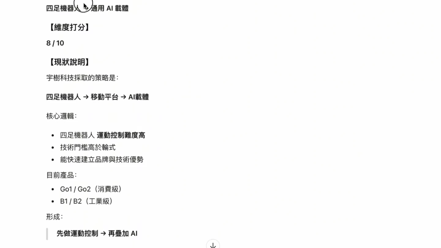 ChatGPT 按評分、現況、問題和改善建議輸出四足機器人分析