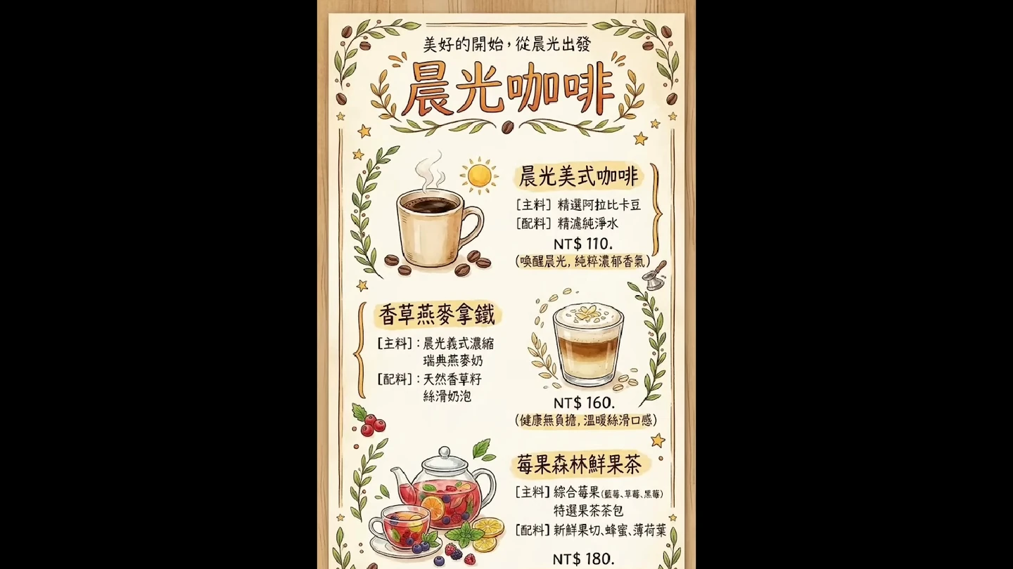 Nano Banana 生成包含中文品項和價格的咖啡餐牌