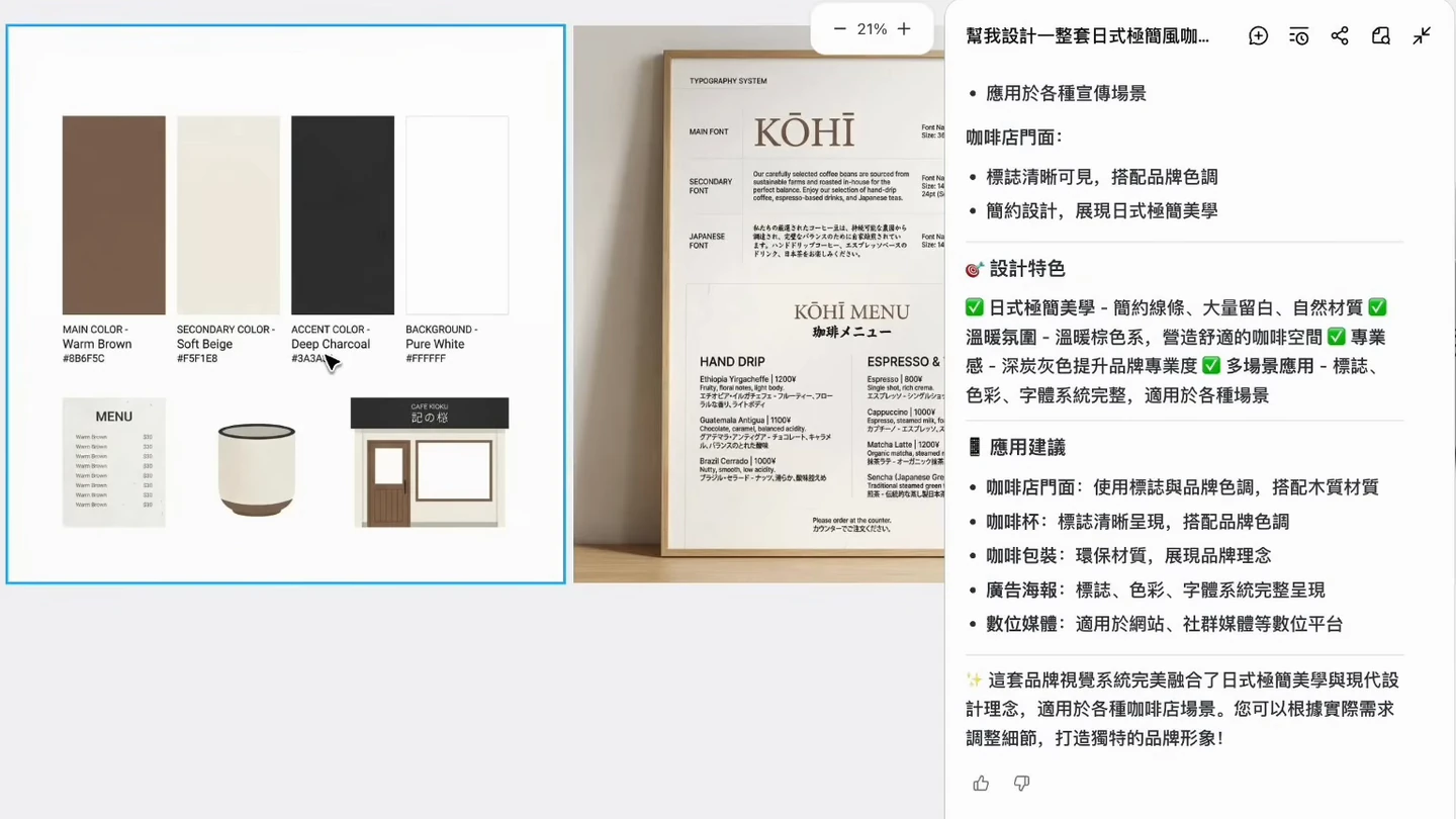 Lovart 畫布顯示咖啡品牌配色、字體、杯具和品牌說明