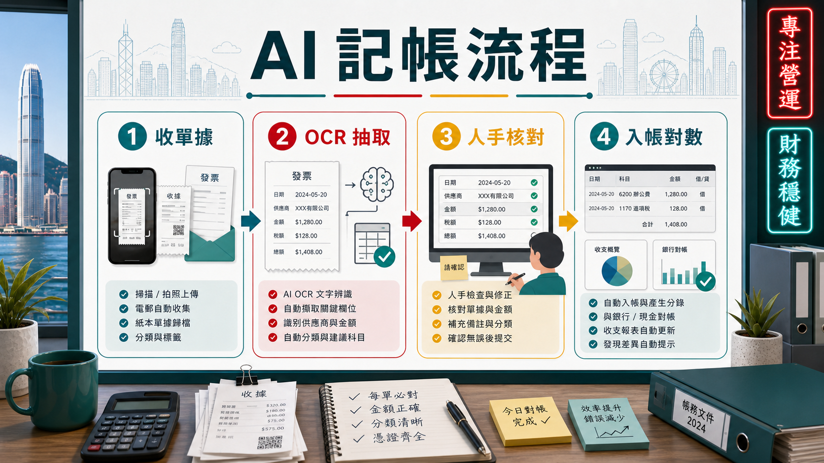 AI 記帳流程:收單據、OCR 抽取、人手核對、入帳對數