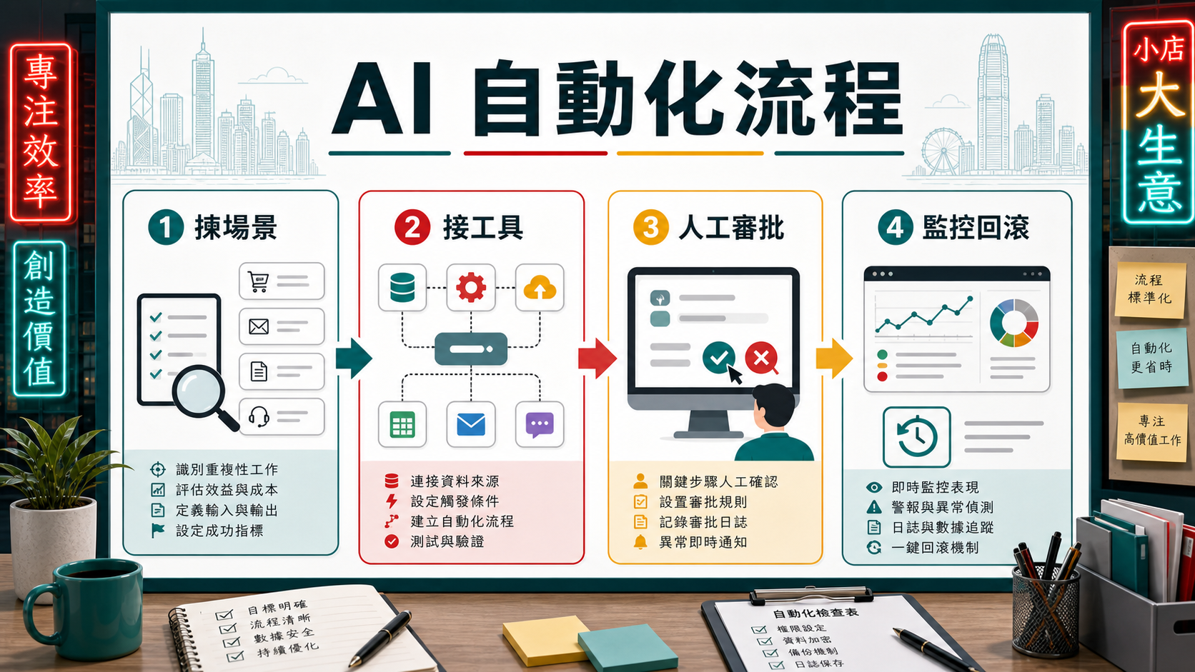 AI 自動化流程:揀場景、接工具、人工審批、監控回滾