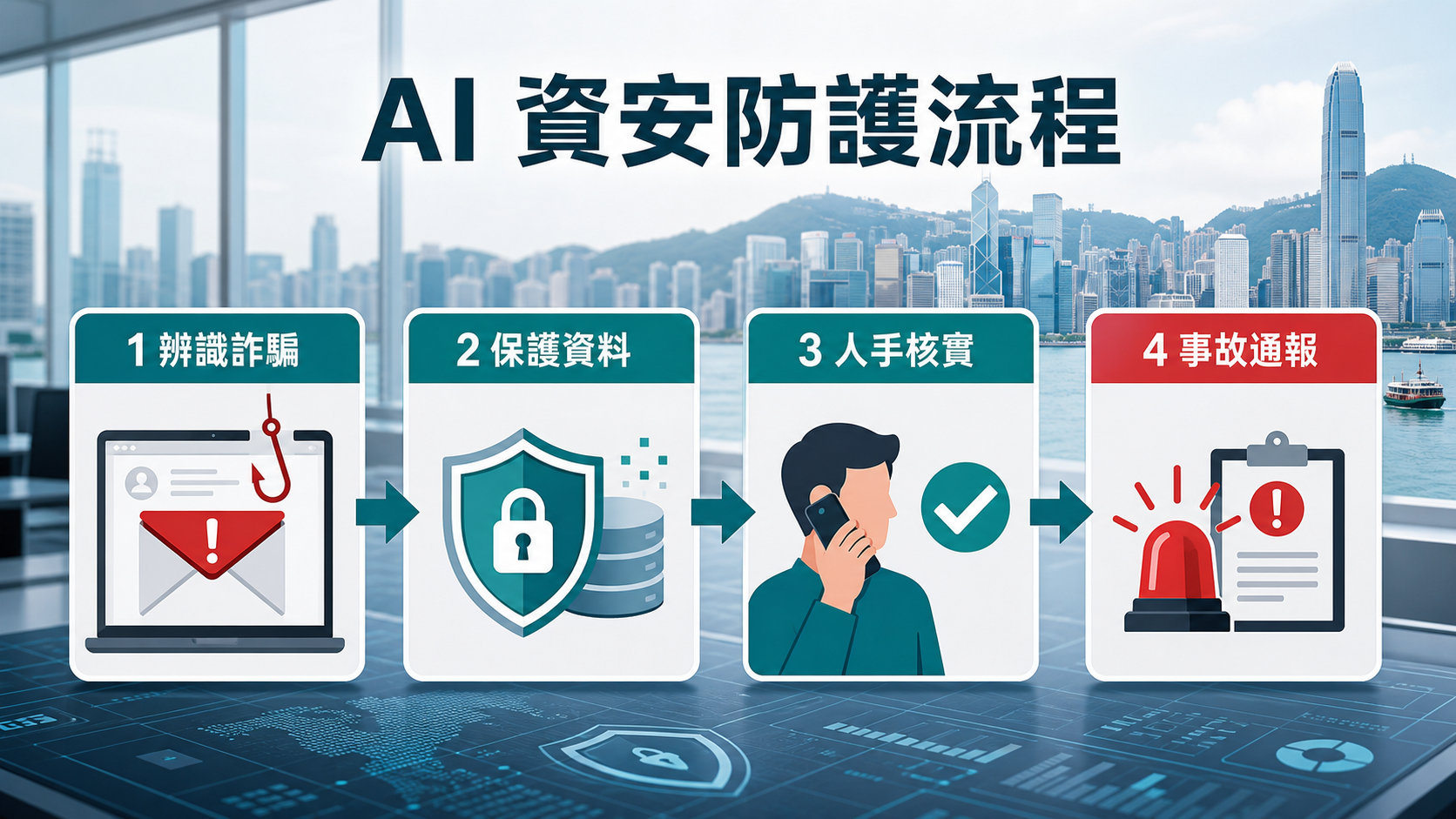 AI 資安防護流程:辨識詐騙、保護資料、人手核實、事故通報