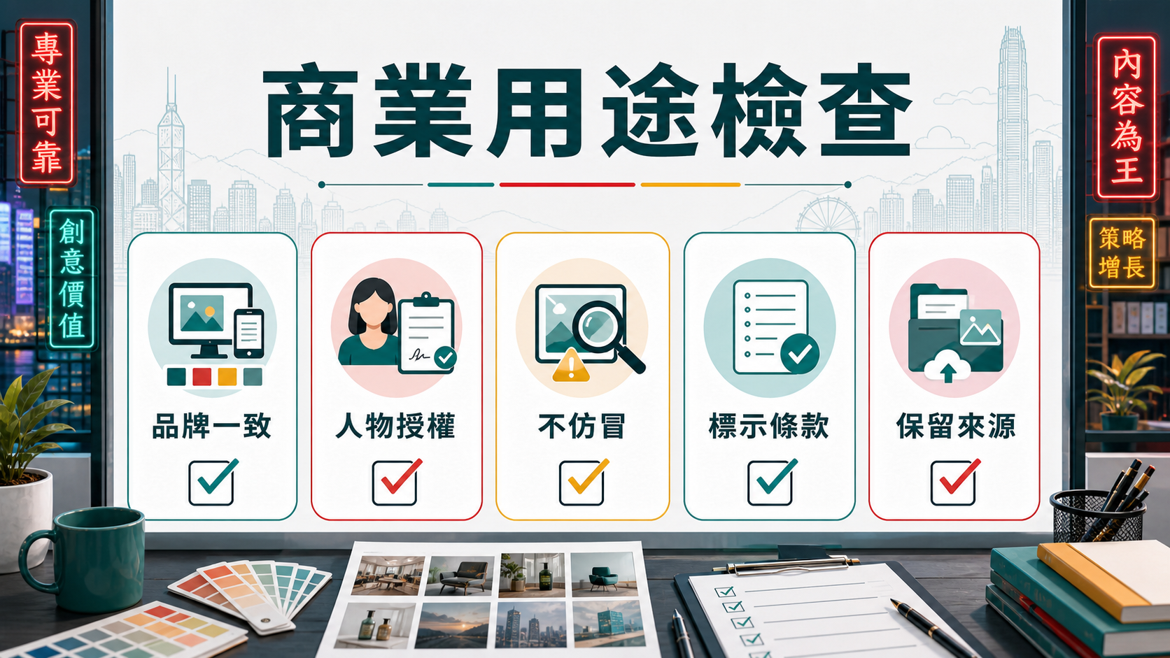 AI 圖像商業用途檢查:品牌一致、人物授權、不仿冒、標示條款、保留來源