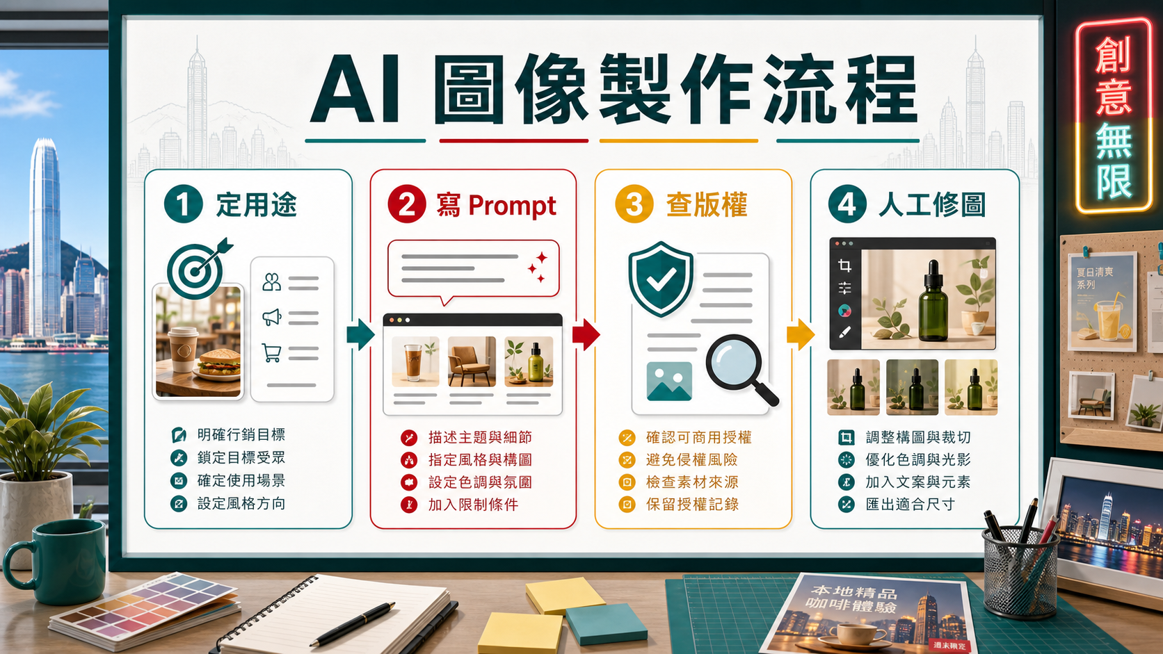 AI 圖像製作流程:定用途、寫 Prompt、查版權、人工修圖