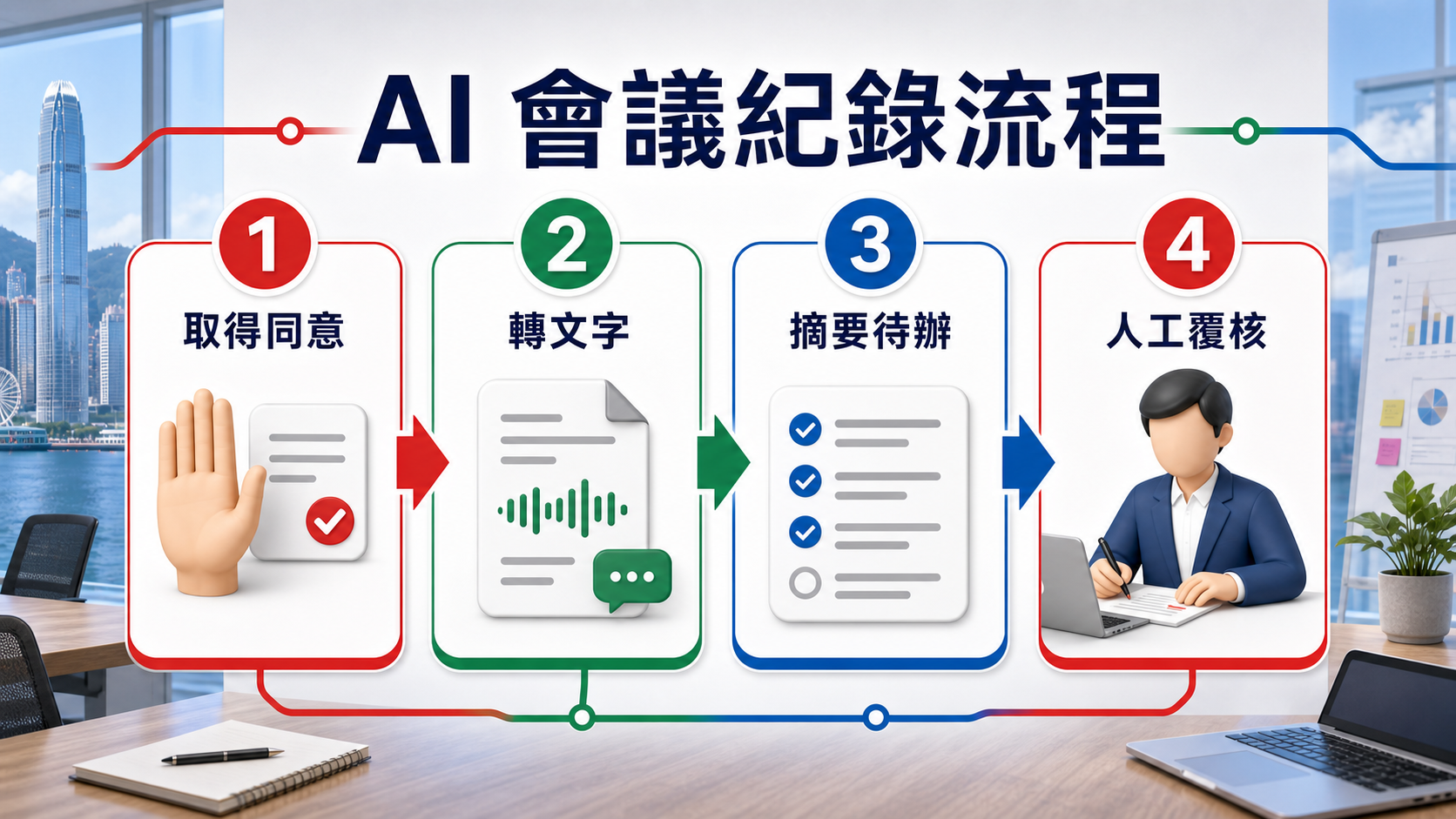 AI 會議紀錄流程:取得同意、轉文字、摘要待辦、人工覆核