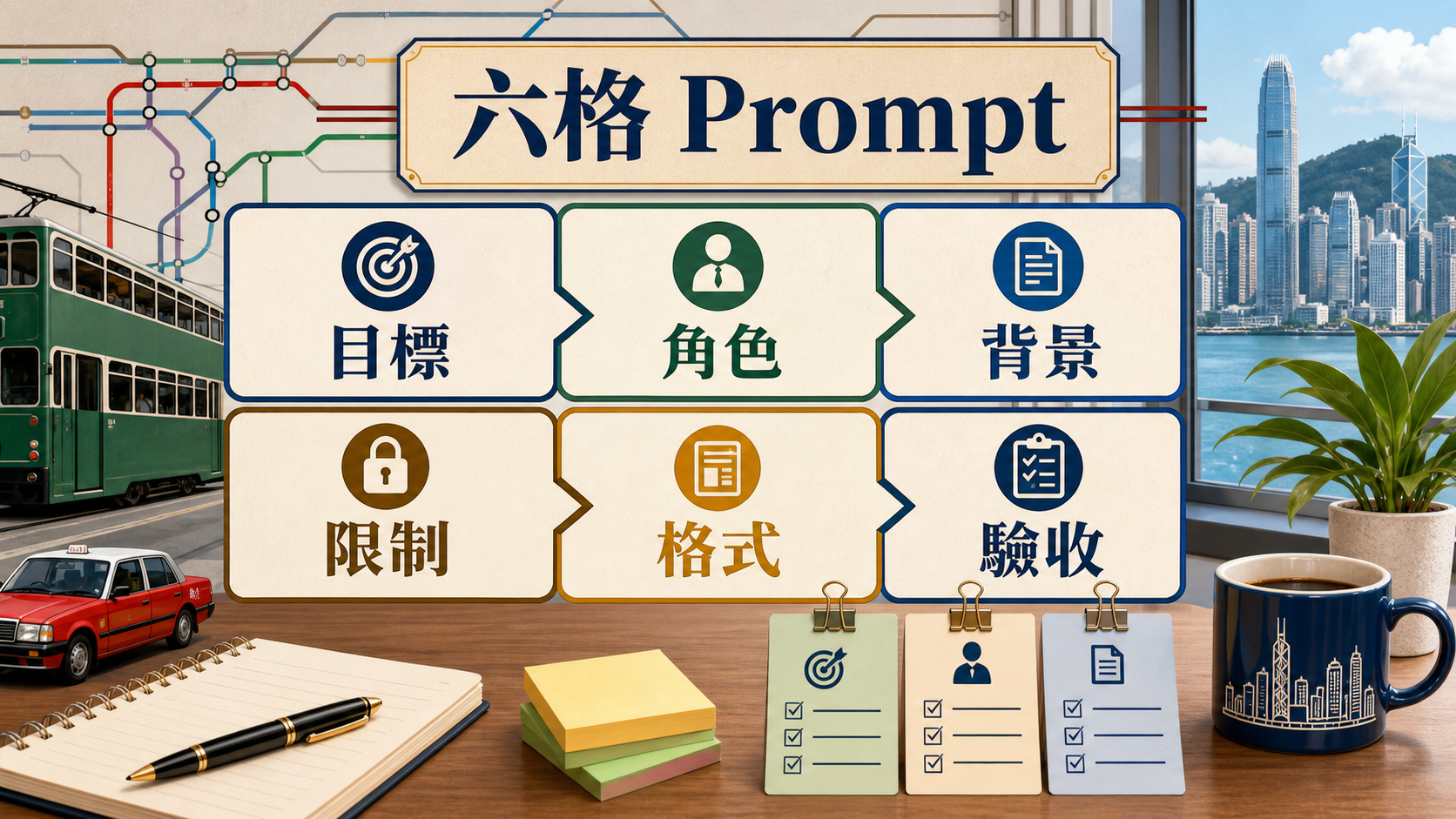 香港風格六格 Prompt 公式，包含目標、角色、背景、限制、格式和驗收
