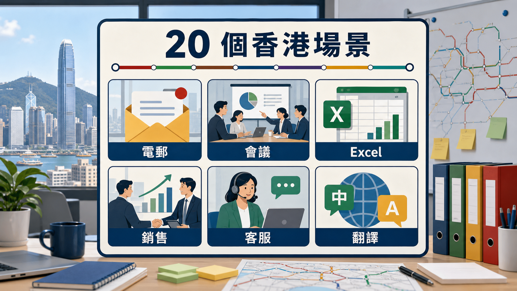 香港工作場景 Prompt 範例圖，包括電郵、會議、Excel、銷售、客服和翻譯
