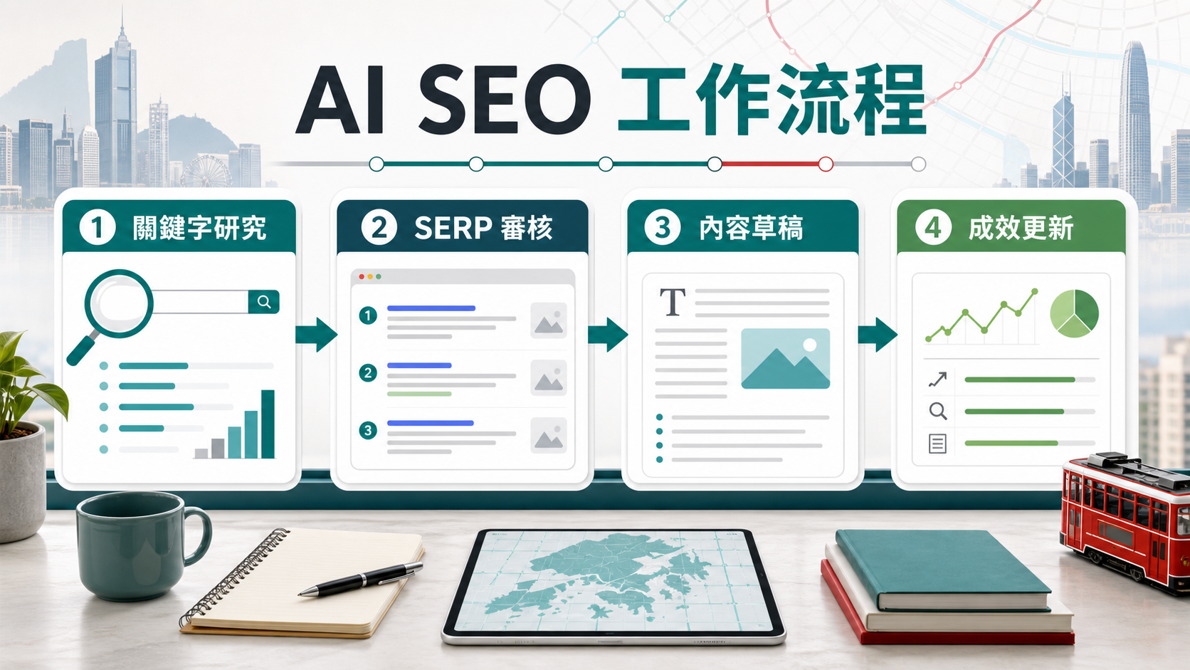 AI SEO 工作流程：關鍵字研究、SERP 審核、內容草稿、成效更新