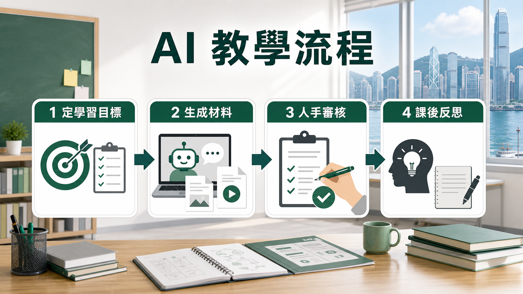 AI 教學流程:定學習目標、生成材料、人手審核、課後反思